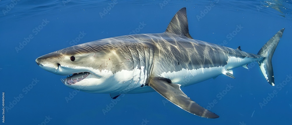 Naklejka premium Blue Serenity, Great White Shark Swimming in Clear Waters