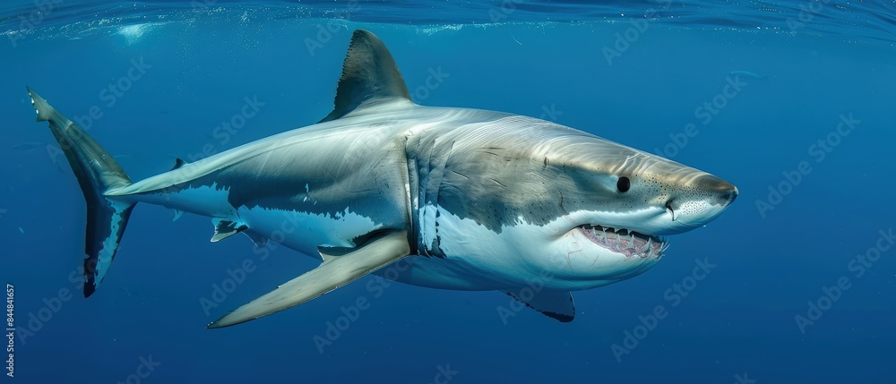 Obraz premium Blue Serenity, Great White Shark Swimming in Clear Waters