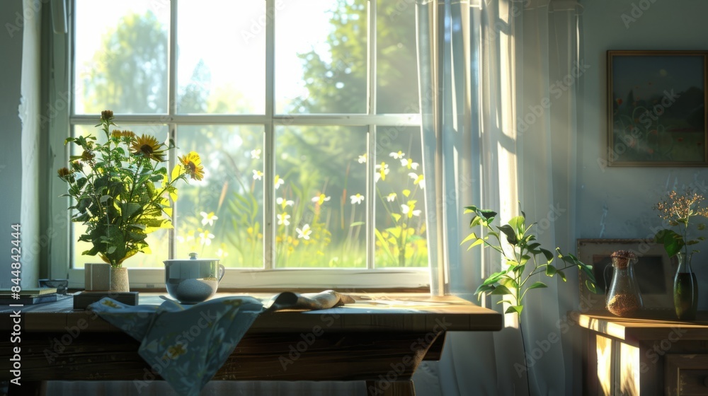Fototapeta premium table with an open window nearby, letting in natural light and fresh air, highlighting the freshness of the environment. generative ai