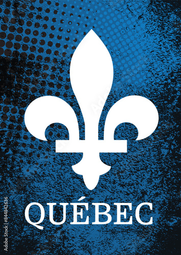 Quebec province of Canada emblem fleur de lys horizontal banner over abstract grunge blue background