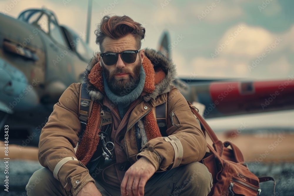 Fototapeta premium Man wearing Pilot uniform and aviators holding 