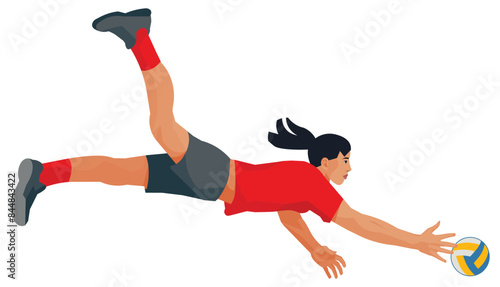 Isolated girl figure of a Kazakh women's volleyball player in profile in red sport uniform hitting a ball in a fall