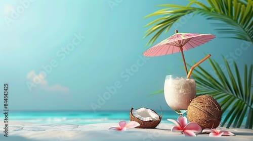 tropical beach scene with a yellow umbrella, a glass of orange juice, and a coconut.