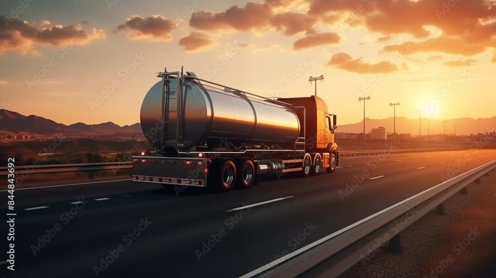 Rear view of big metal fuel tanker truck in motion on the highway shipping fuel to oil refinery against sunset sky. Rear view of big metal fuel tanker truck in motion on the highway shipping fuel to oil refinery against sunset sky.