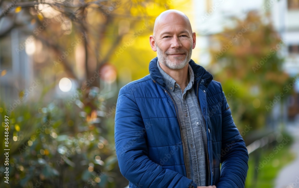 A man wearing a blue jacket and a gray shirt is smiling. He is standing in front of a tree A man wearing a blue jacket and a gray shirt is smiling. He is standing in front of a tree