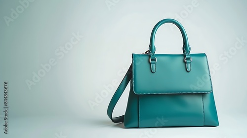 A fashionable teal leather handbag with modern touches, isolated on a white background