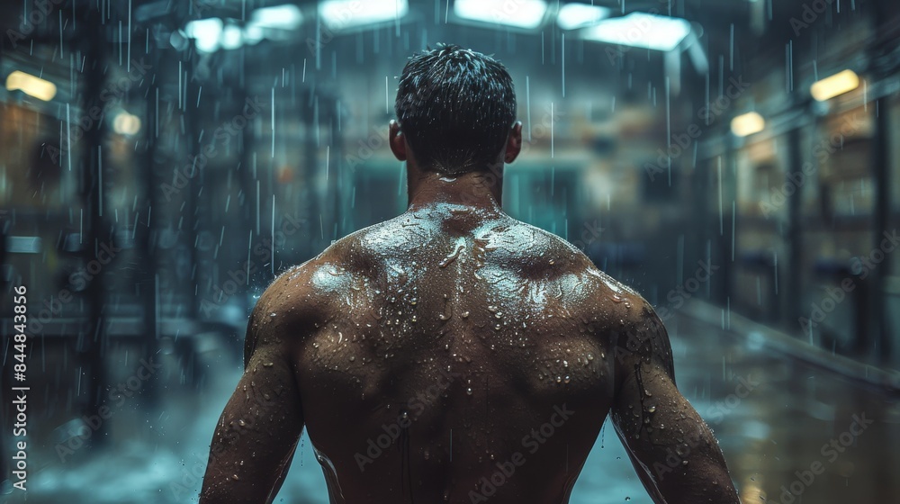 Intense Workout in Dimly Lit Gym - Muscular Athlete in Back View with Glistening Sweat Striving in High Detail Environment Intense Workout in Dimly Lit Gym - Muscular Athlete in Back View with Glistening Sweat Striving in High Detail Environment