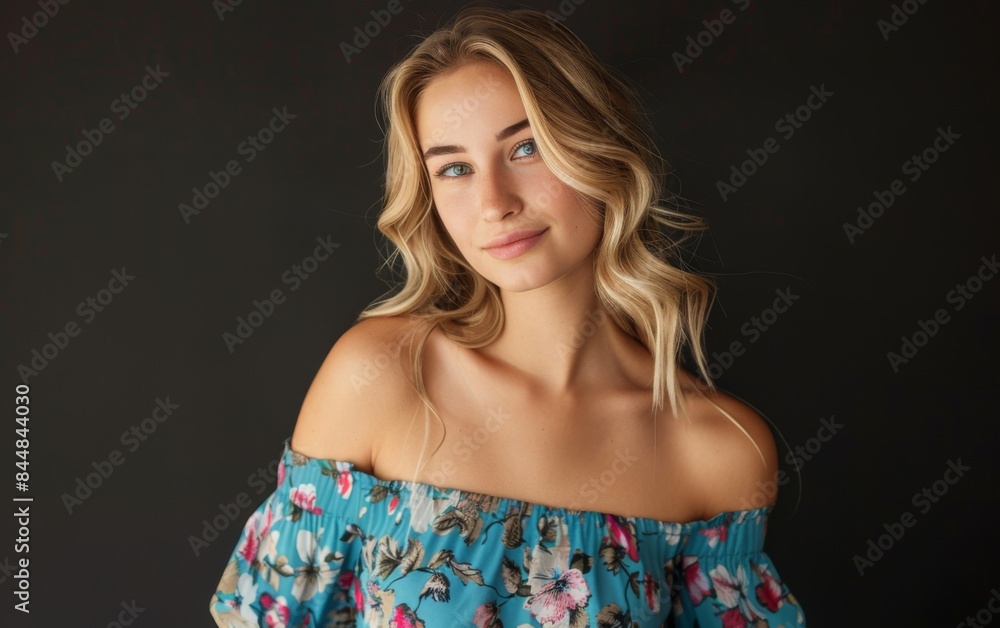 Obraz premium A woman with long blonde hair is wearing a blue floral dress. She is smiling and looking at the camera