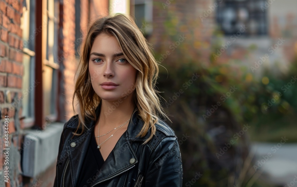 A woman in a black leather jacket stands in front of a brick wall. She has long blonde hair and is wearing a necklace A woman in a black leather jacket stands in front of a brick wall. She has long blonde hair and is wearing a necklace