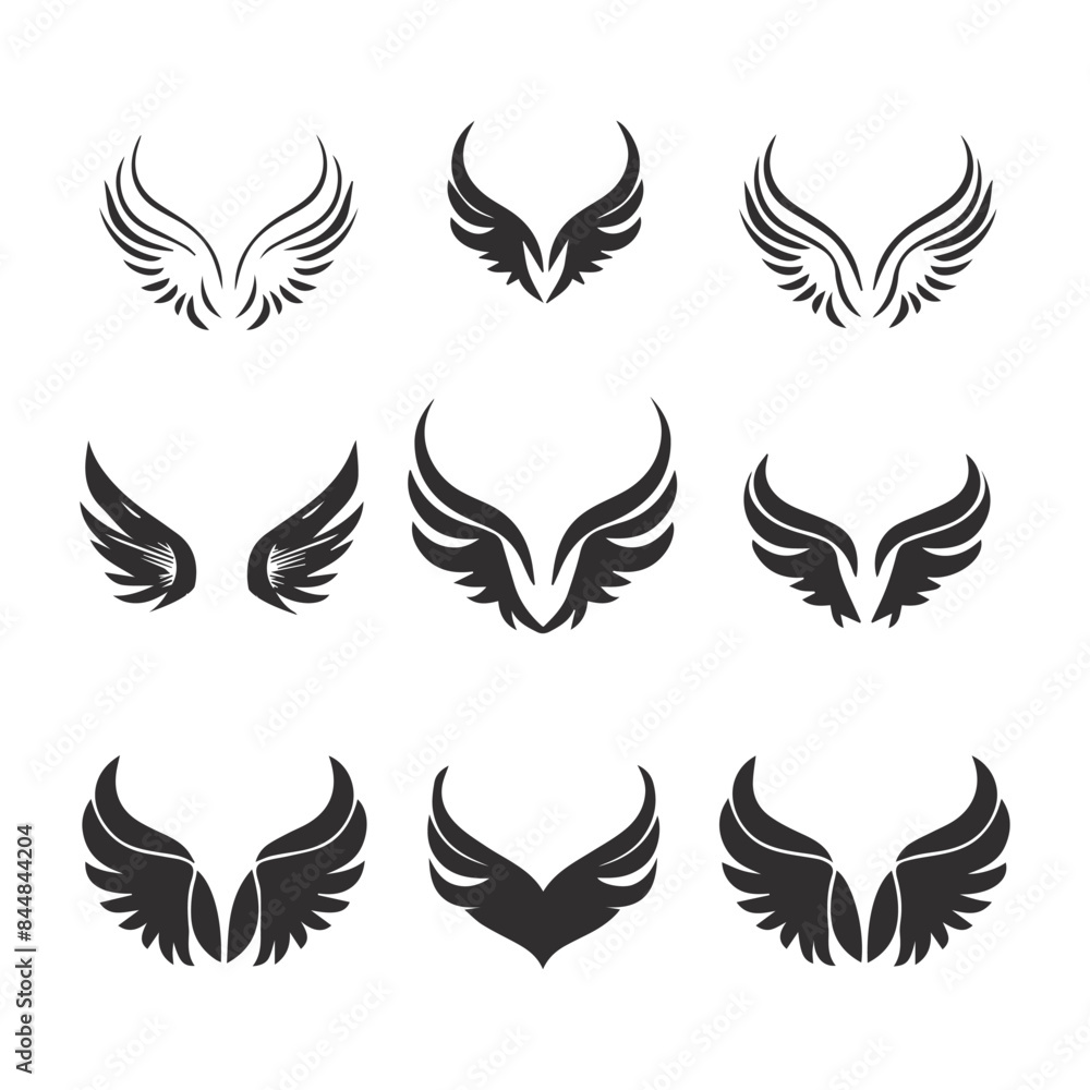 Set of wings silhouette vector illustration. Set of wings silhouette vector illustration.