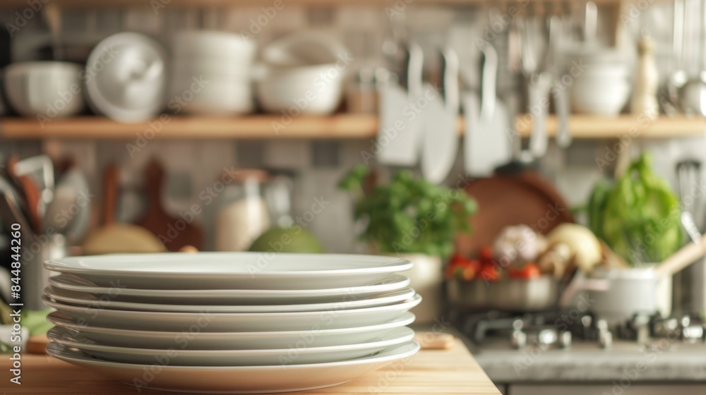 plate with some kitchen utensils well organized in the background, creating a functional and attractive kitchen environment. generative ai plate with some kitchen utensils well organized in the background, creating a functional and attractive kitchen environment. generative ai