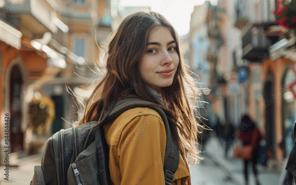 A woman with a backpack and a yellow jacket is smiling. She is standing on a street with other people around her A woman with a backpack and a yellow jacket is smiling. She is standing on a street with other people around her