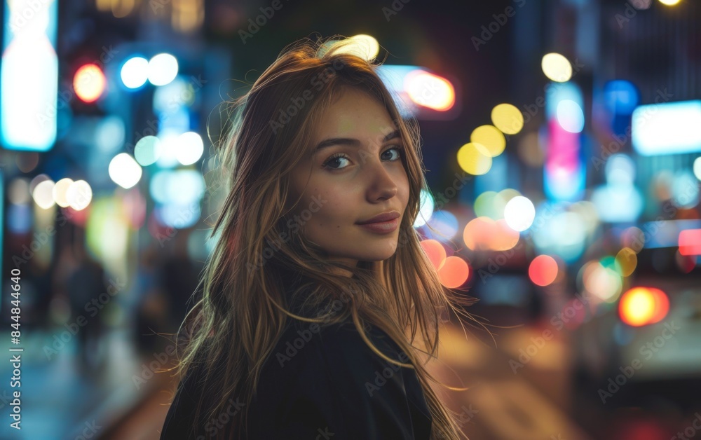 A woman with long brown hair stands in front of a city street at night. The lights from the city create a blurry effect around her A woman with long brown hair stands in front of a city street at night. The lights from the city create a blurry effect around her
