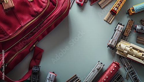 Dove gray background, crimson backpack with a variety of model trains and tracks, photo