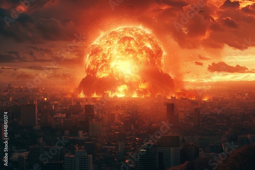A city is destroyed by a nuclear bomb. The sky is orange and the city is in ruins
