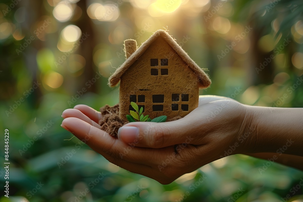 A hand holding a house made of dirt and leaves. The house is small and has a lot of greenery around it A hand holding a house made of dirt and leaves. The house is small and has a lot of greenery around it