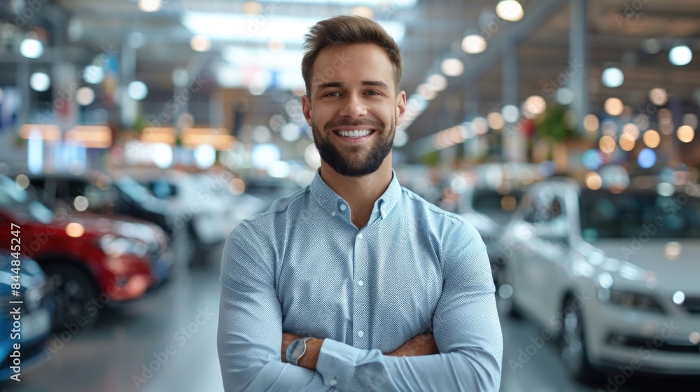 Smiling car salesman in showroom Smiling car salesman in showroom