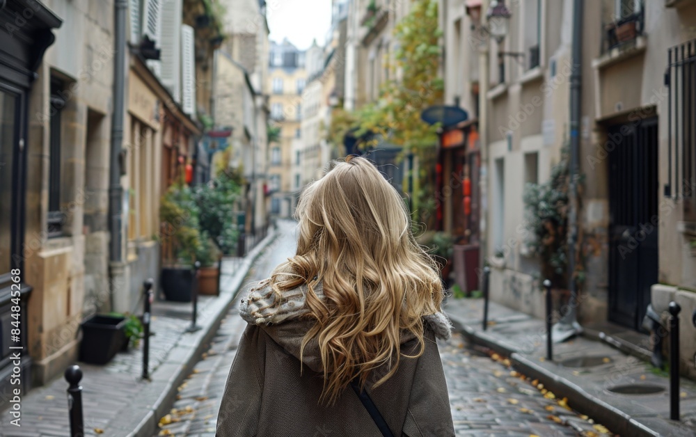 A woman with long blonde hair walks down a narrow city street. The street is lined with buildings and has a brick walkway. The woman is wearing a coat and a scarf, and she is carrying a handbag