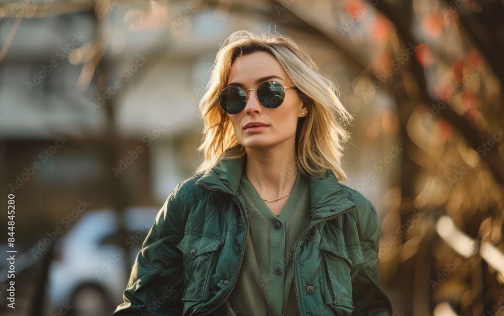 A blonde woman wearing sunglasses and a green jacket is standing in front of a tree. The scene has a casual and relaxed vibe, with the woman looking out into the distance A blonde woman wearing sunglasses and a green jacket is standing in front of a tree. The scene has a casual and relaxed vibe, with the woman looking out into the distance