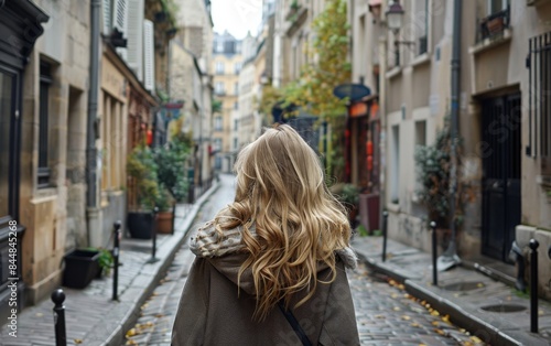 A woman with long blonde hair walks down a narrow city street. The street is lined with buildings and has a brick walkway. The woman is wearing a coat and a scarf, and she is carrying a handbag © imagineRbc