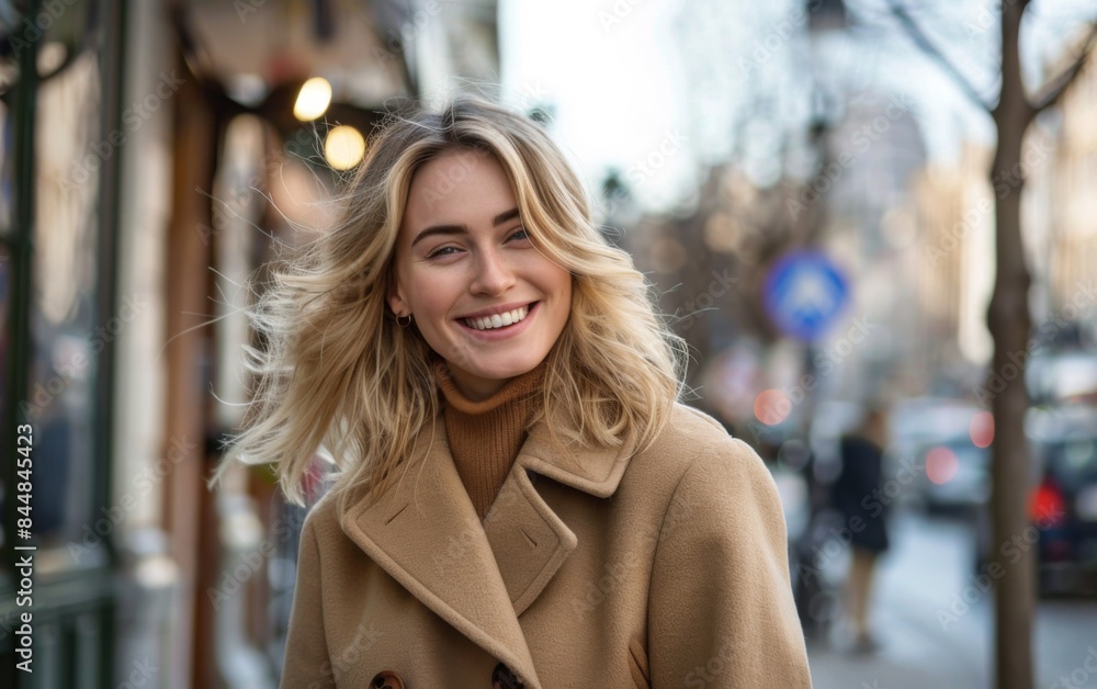 A woman with blonde hair is smiling and wearing a brown coat. She is standing on a street with cars and a bicycle A woman with blonde hair is smiling and wearing a brown coat. She is standing on a street with cars and a bicycle