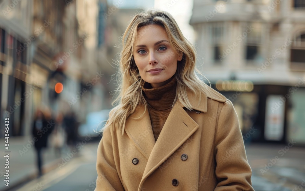 Fototapeta premium A woman wearing a brown coat and a scarf stands on a city street. She is smiling and looking at the camera