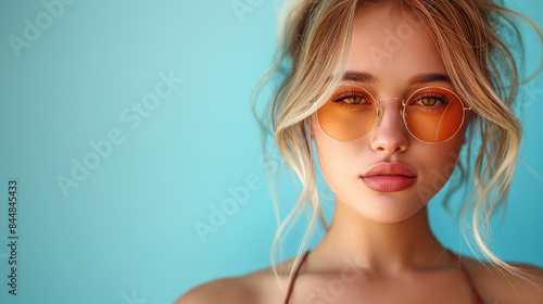 Wallpaper Mural Fashionable Blonde Woman in Pink Sunglasses and Bikini Against Gradient Background Torontodigital.ca