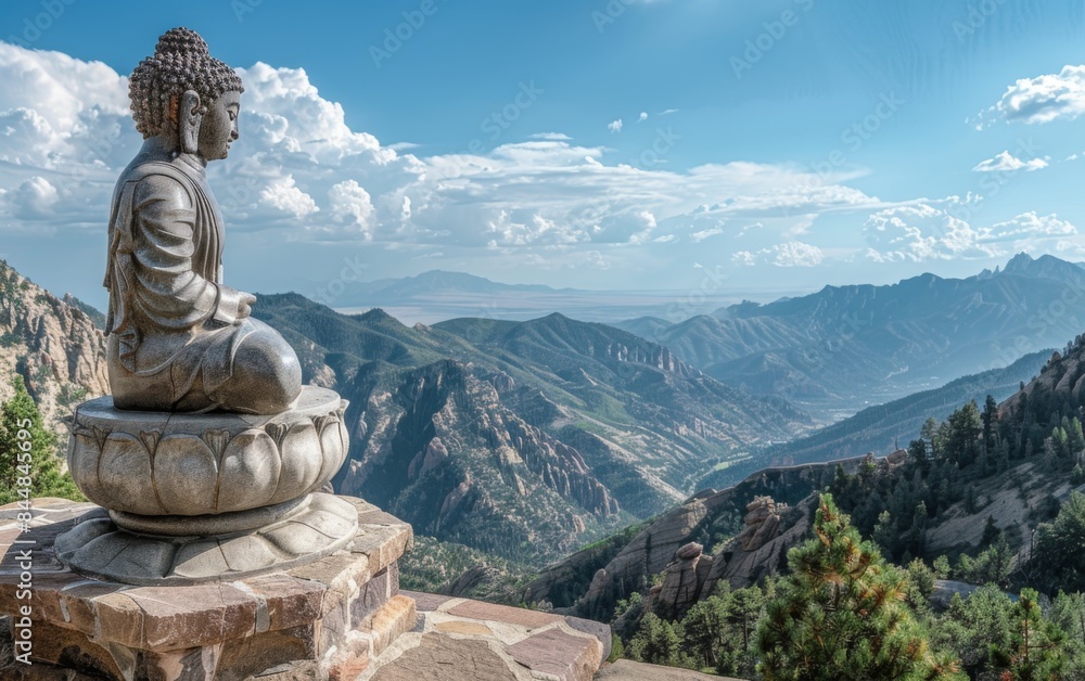 A statue of Buddha sits on a stone pedestal in front of a mountain range. The scene is serene and peaceful, with the mountains in the background and the statue of the Buddha as a focal point A statue of Buddha sits on a stone pedestal in front of a mountain range. The scene is serene and peaceful, with the mountains in the background and the statue of the Buddha as a focal point