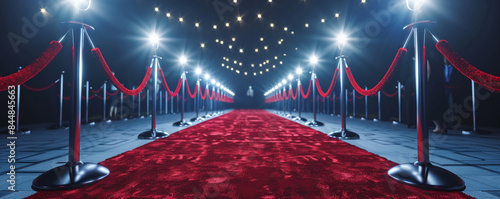 A night-time red carpet event captured just before the arrival of guests, with spotlights perfectly highlighting the velvet ropes and the lush carpet photo