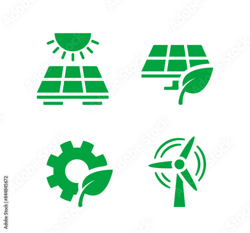 Set Of Green Ecology Icons Representing Renewable Energy Sources And Sustainability Concepts. Vector Symbols Or Signs