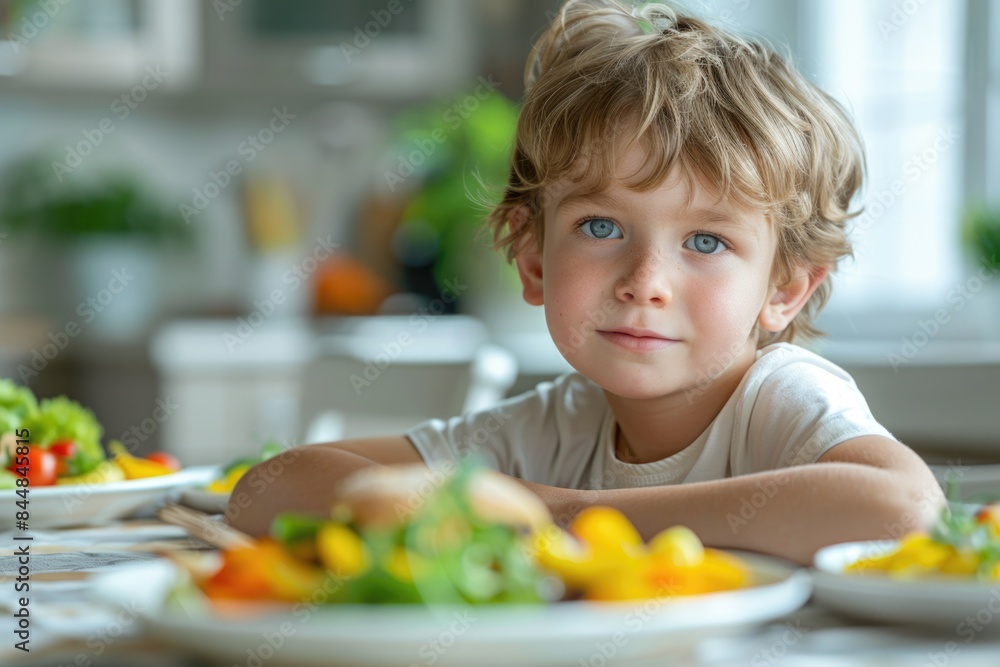 Young boy sitting at table with food Young boy sitting at table with food