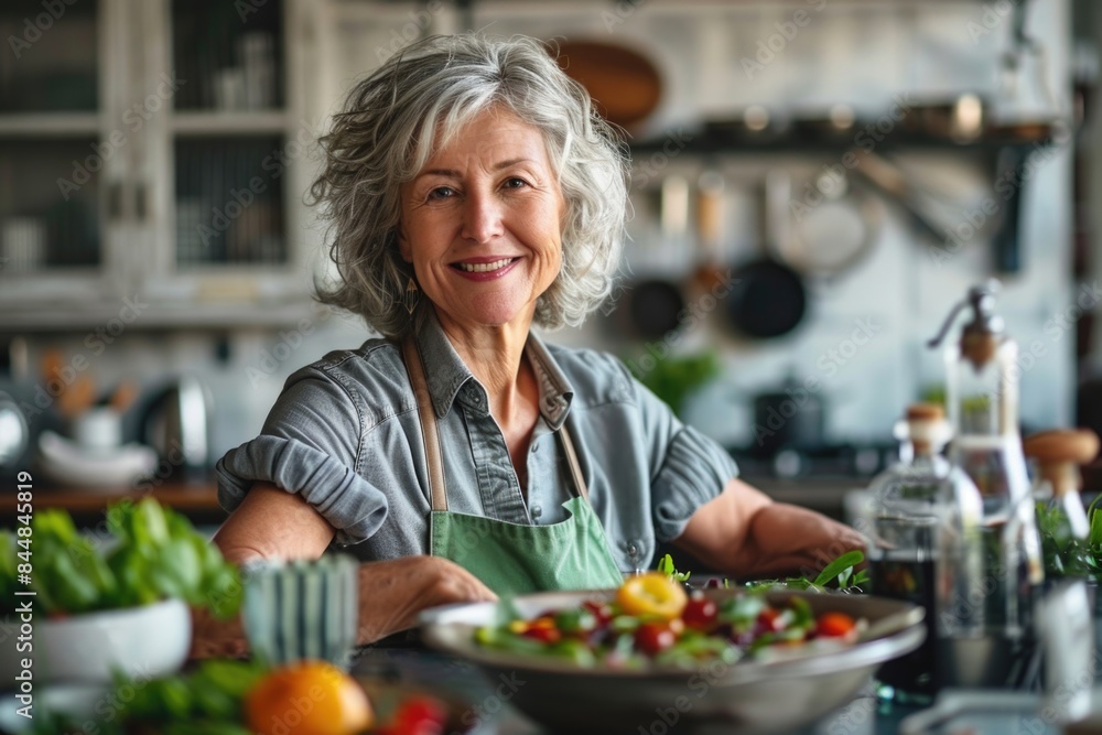 Woman smiling in kitchen wearing apron Woman smiling in kitchen wearing apron