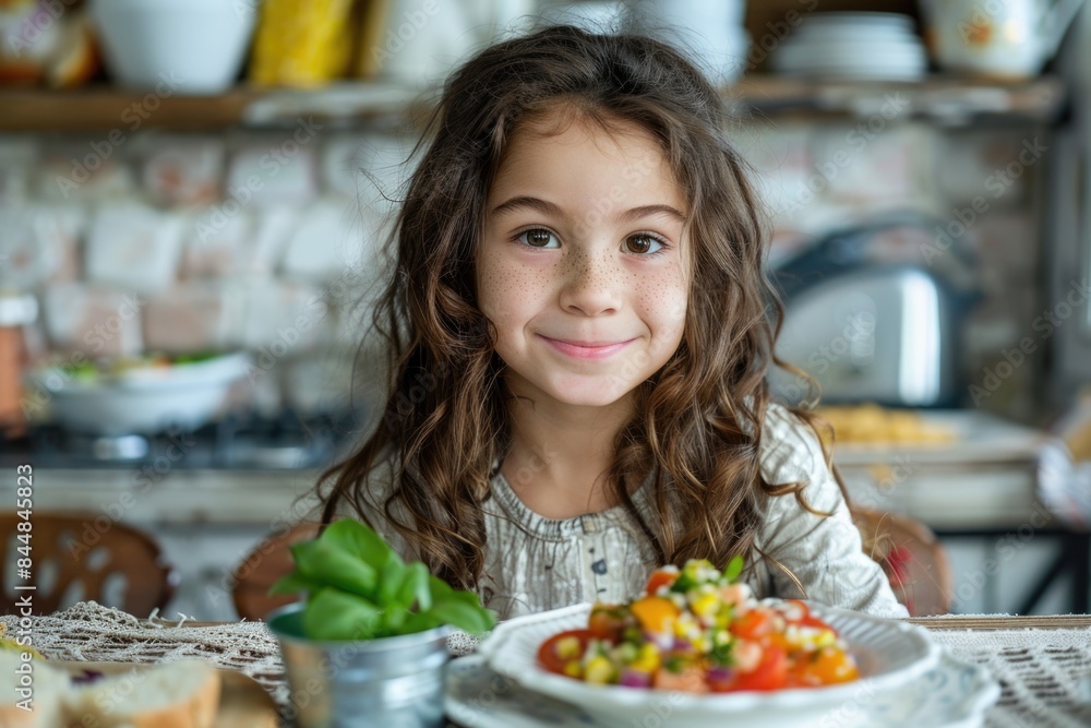Smiling girl leaning on plate of food Smiling girl leaning on plate of food