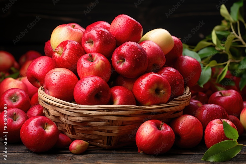 Red apples in a basket on a wooden table Red apples in a basket on a wooden table