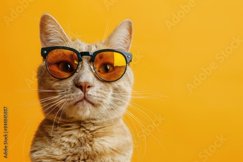Cat wearing sunglasses against yellow background © Boomanoid