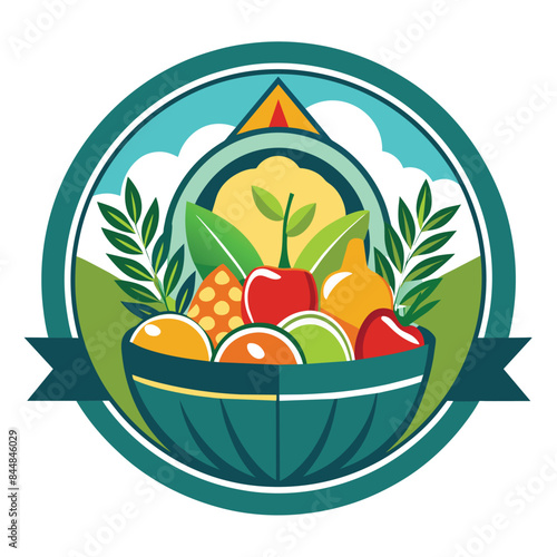 A colorful logo depicting a basket filled with fresh fruit and vegetables, A logo for a local food pantry that features a stylized fruit basket