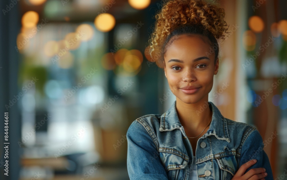 Obraz premium A woman with curly hair is wearing a denim jacket and is smiling. She is standing in front of a window with a blurry background