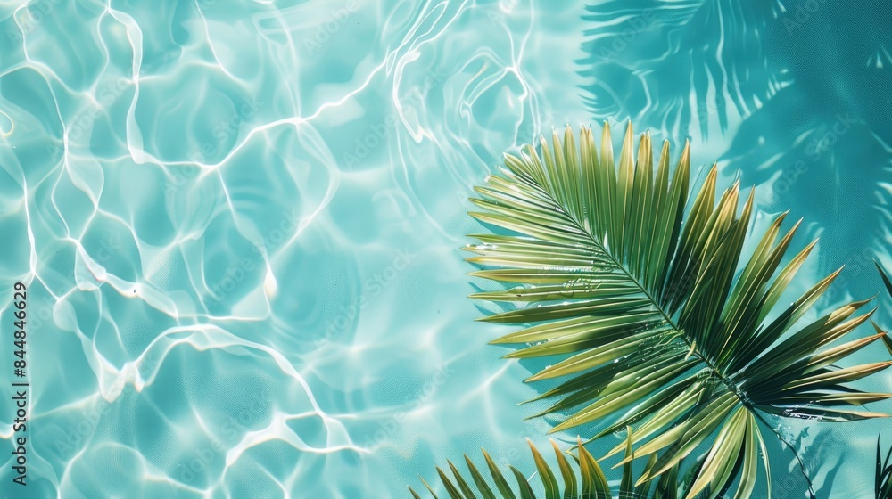 Top view of palm leaf on water background Tropical summer design inspiration Top view of palm leaf on water background Tropical summer design inspiration