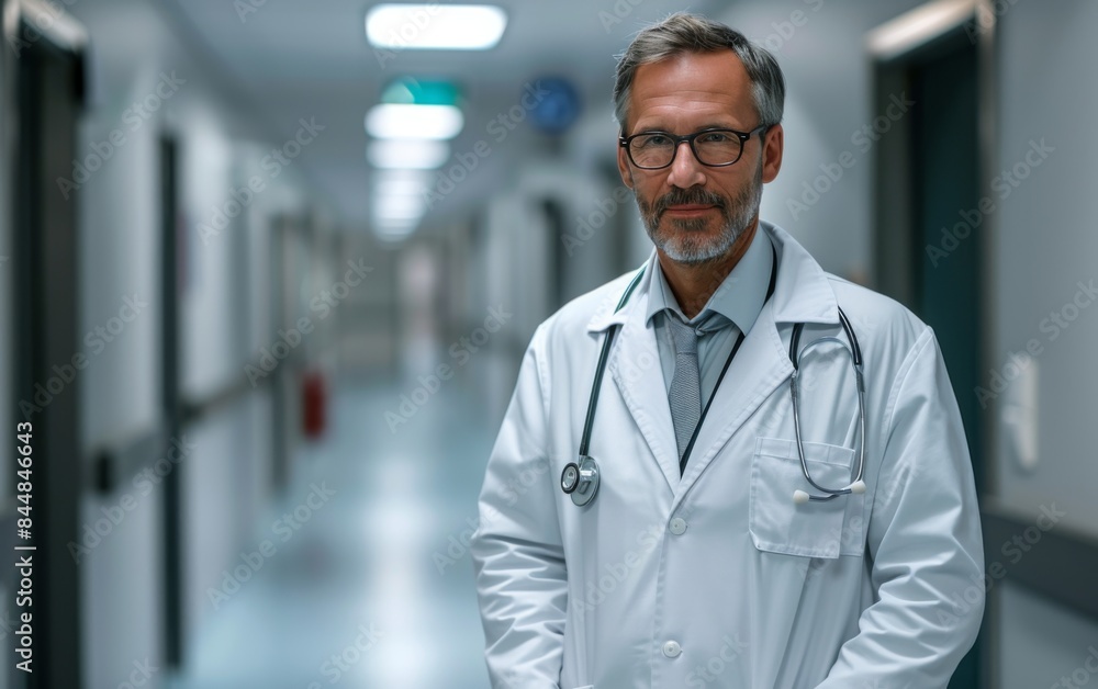 A man in a white lab coat stands in a hallway. He is wearing glasses and a tie A man in a white lab coat stands in a hallway. He is wearing glasses and a tie
