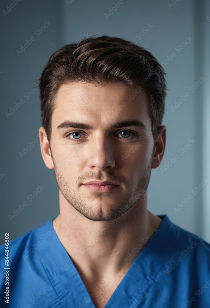 A young man wearing a blue scrub stands with arms crossed A young man wearing a blue scrub stands with arms crossed