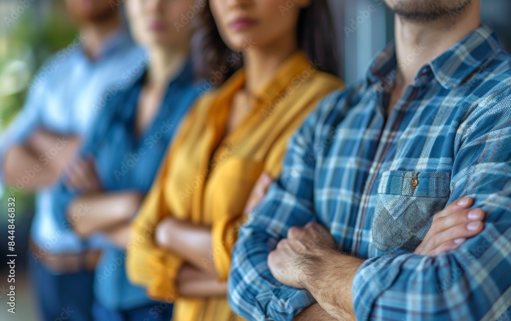 A group of people are standing in a line, with one person wearing a yellow shirt. They are all looking at the camera and have their arms crossed. Concept of unity and camaraderie among the group A group of people are standing in a line, with one person wearing a yellow shirt. They are all looking at the camera and have their arms crossed. Concept of unity and camaraderie among the group