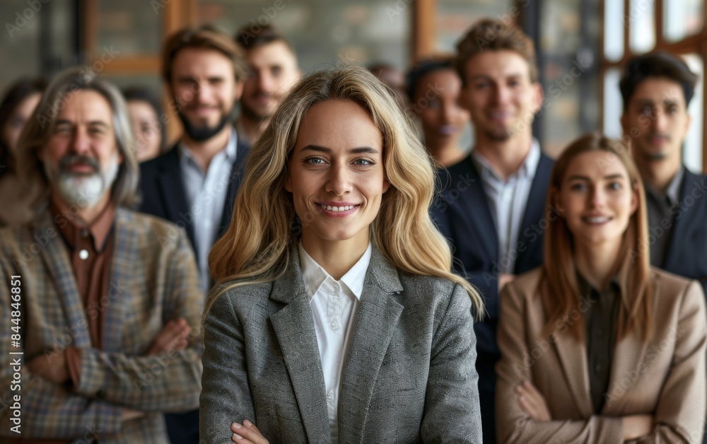 A group of people are standing together, with a woman in the center of the group. The woman is smiling and looking at the camera, while the other people are also smiling and looking at the camera A group of people are standing together, with a woman in the center of the group. The woman is smiling and looking at the camera, while the other people are also smiling and looking at the camera