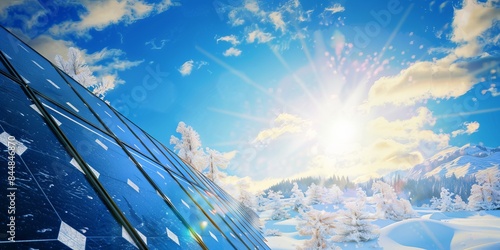 Solar panels and snow against the background of frost-covered plants in the sunset light. Electrical production in winter, generation problems and panel care
