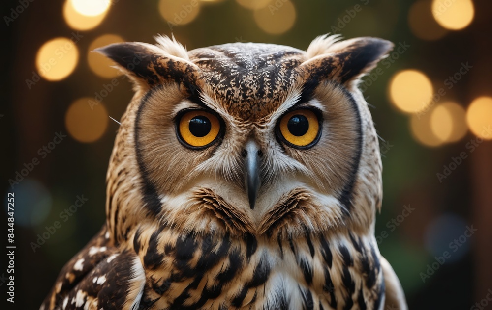 Obraz premium Night's Majesty: An Owl Surveying the World amid Bokeh Lights