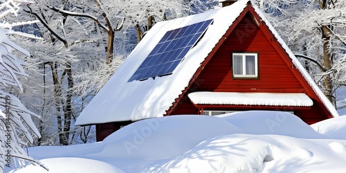 A house with installed solar panels on the roof in winter, covered with snow. Electrical production in winter, generation problems and panel care