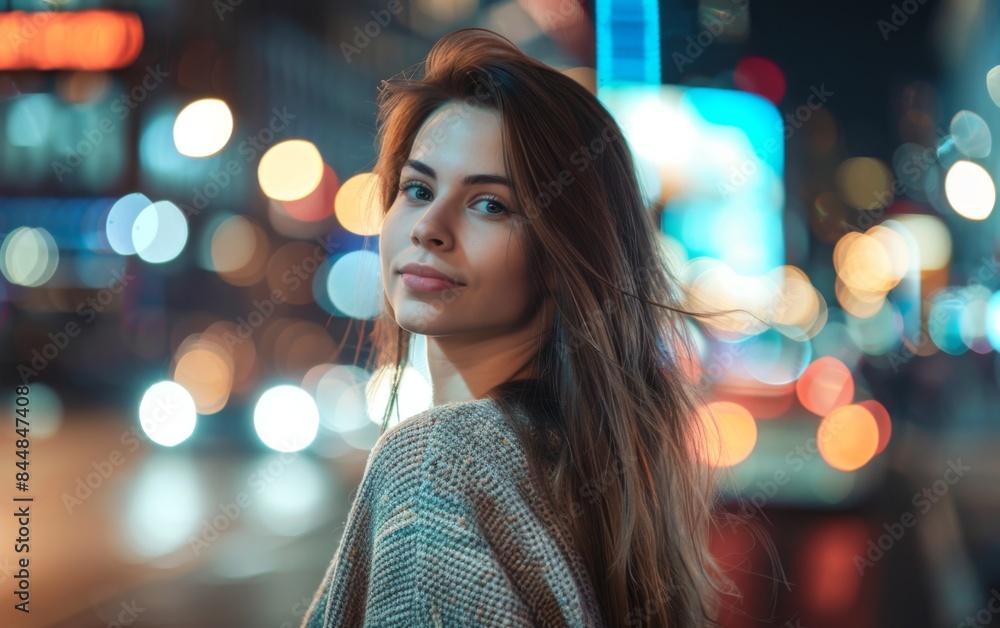 A woman with long brown hair is standing in front of a city street at night. She is smiling and looking at the camera. The scene has a warm and inviting mood, with the city lights A woman with long brown hair is standing in front of a city street at night. She is smiling and looking at the camera. The scene has a warm and inviting mood, with the city lights
