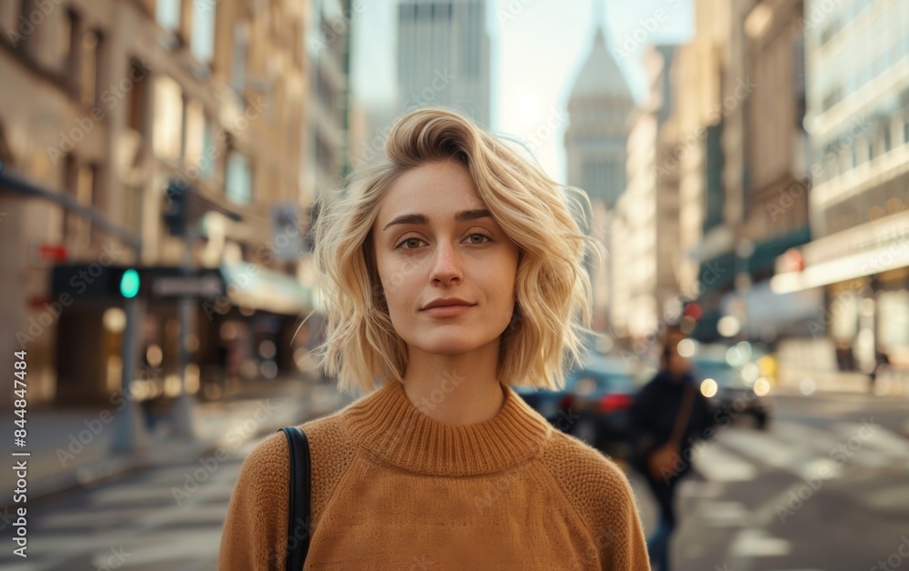 A woman in a yellow sweater stands on a city street. She is smiling and looking at the camera A woman in a yellow sweater stands on a city street. She is smiling and looking at the camera