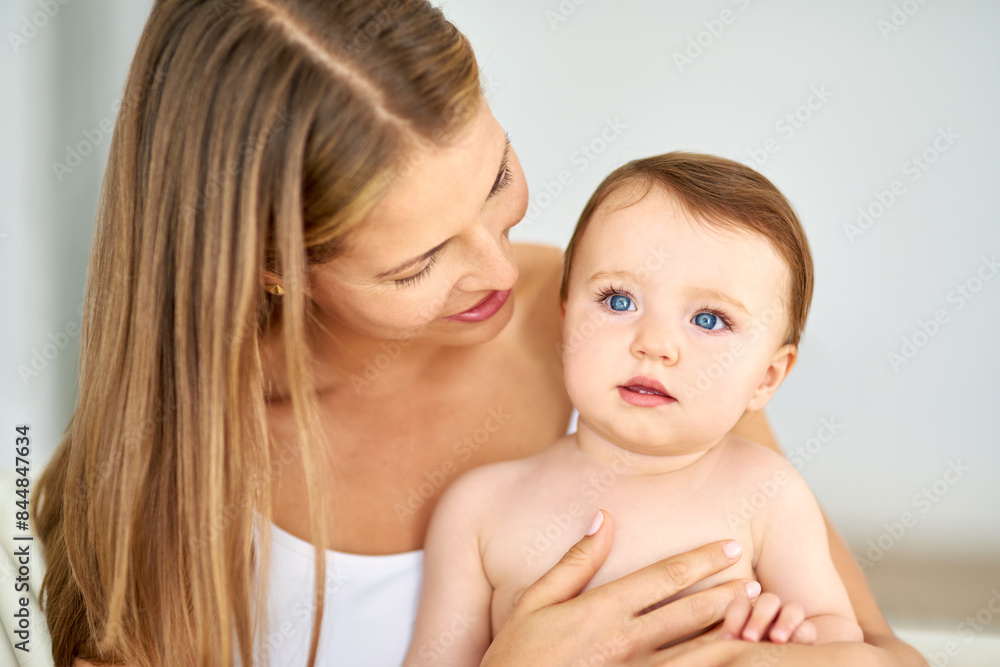 Smile, relax and mother holding baby in diaper at home for safety, love and protection. Happy, care and mom with cute boy toddler, kid or child for support and bonding together at family house. Smile, relax and mother holding baby in diaper at home for safety, love and protection. Happy, care and mom with cute boy toddler, kid or child for support and bonding together at family house.