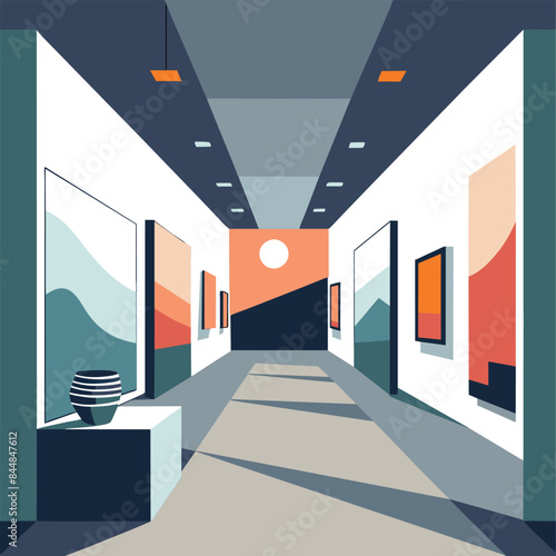 A minimalist art gallery hallway with white walls and framed artwork on display, A minimalist art gallery filled with white walls and dramatic lighting