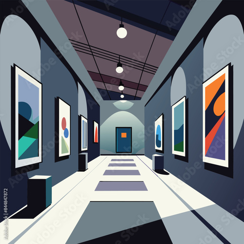 A minimalist art gallery hallway with white walls and abstract paintings displayed, A minimalist art gallery filled with white walls and dramatic lighting